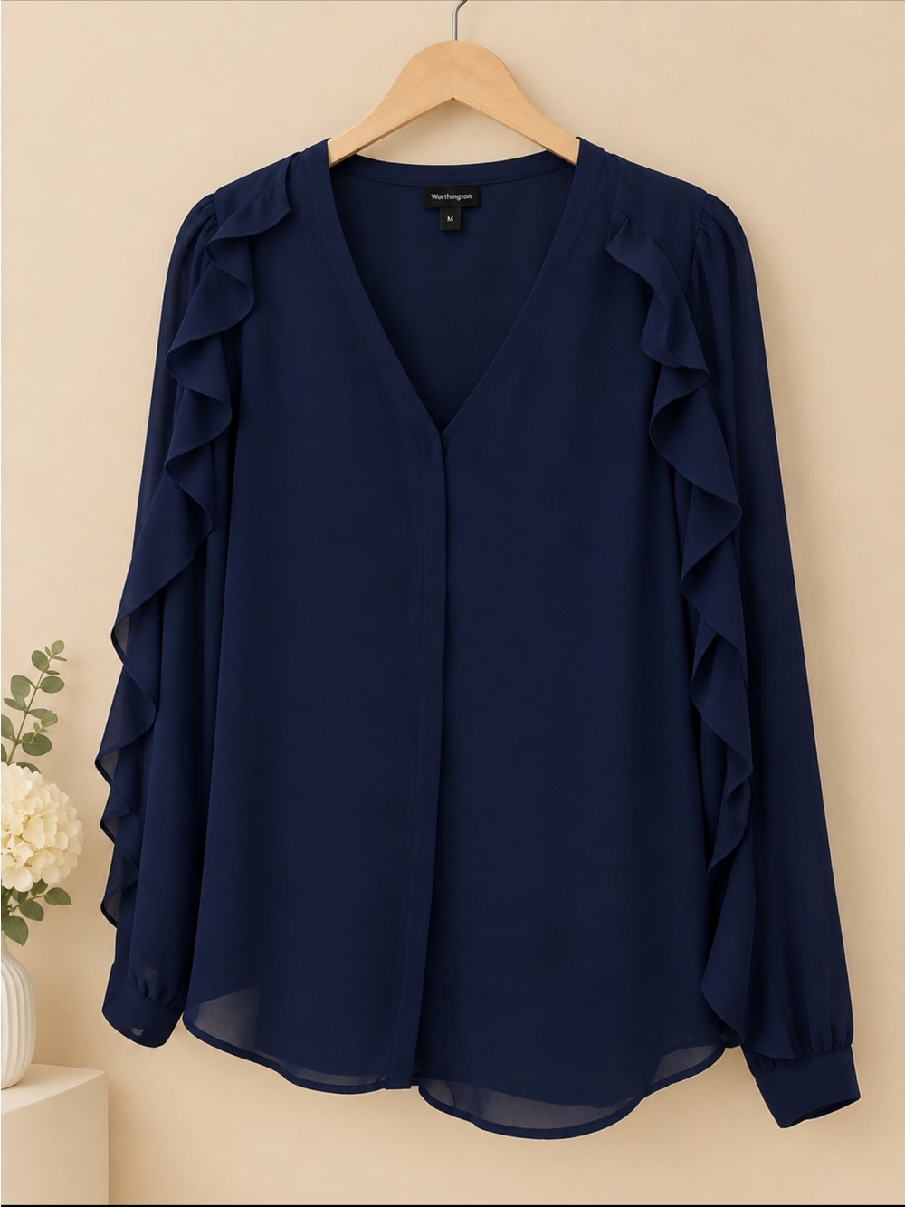 Worthington Royal Blue Ruffle-Sleeve V-Neck Blouse